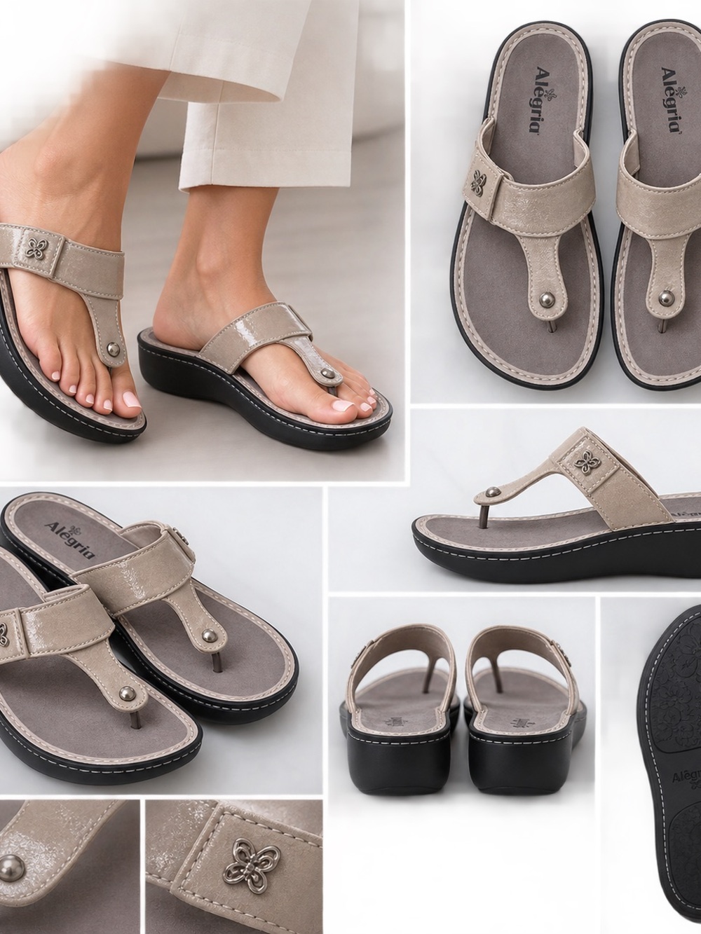 Alegria Metallic Taupe Thong Sandals with Stud Accent